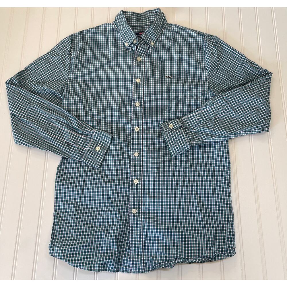 Vineyard Vines Whale Shirt Cotton Plaid Green Blue Button Down Size Boys XL‎ 18